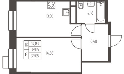 Планировка однокомнатной(квартира) площадью 39 квадратных метров в ЖК “ЖК Новая Ивантеевка”