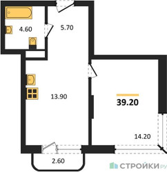 Планировка однокомнатной(квартира) площадью 39.2 квадратных метров в ЖК “Кутузов Сити”