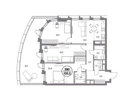 Планировка трехкомнатной(квартира) площадью 105.2 квадратных метров в “ЖК Дом 56”