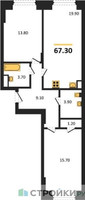 Планировка двухкомнатной(квартира) площадью 67.3 квадратных метров в “ЖК Обручева 30”