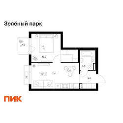 Планировка однокомнатной(квартира) площадью 35.5 квадратных метров в ЖК “ЖК Зеленый парк”