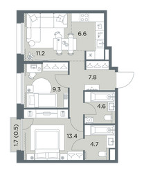 Планировка трехкомнатной(квартира) площадью 58.1 квадратных метров в ЖК “ЖК Станиславский”