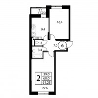 Планировка двухкомнатной(квартира) площадью 61.2 квадратных метров в “ЖК Космос”