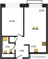 Планировка однокомнатной(квартира) площадью 40.68 квадратных метров в “ЖК LIFE Варшавская”