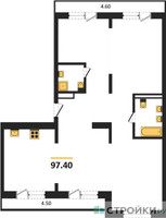 Планировка трехкомнатной(квартира) площадью 97.4 квадратных метров в “ЖК Первый квартал”