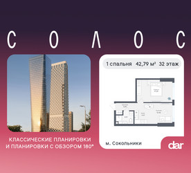 Планировка однокомнатной(квартира) площадью 42.79 квадратных метров в ЖК “ЖК Солос”
