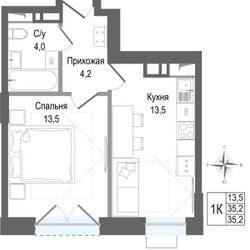 Планировка однокомнатной(квартира) площадью 35.2 квадратных метров в ЖК “ЖК КИНОКВАРТАЛ”
