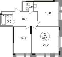 Планировка двухкомнатной(квартира) площадью 69.5 квадратных метров в “ЖК Первый Московский”