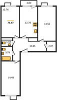 Планировка трехкомнатной(квартира) площадью 73.37 квадратных метров в “ЖК Катуар”