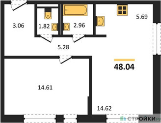 Планировка однокомнатной(квартира) площадью 48.04 квадратных метров в ЖК “ЖК Квартал Марьино”