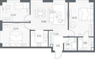Планировка трехкомнатной(квартира) площадью 81.76 квадратных метров в “ЖК TATE (Тэйт)”