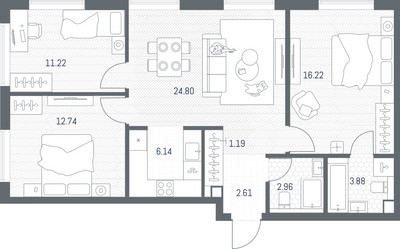 Планировка трехкомнатной(квартира) площадью 81.76 квадратных метров в ЖК “ЖК TATE (Тэйт)”