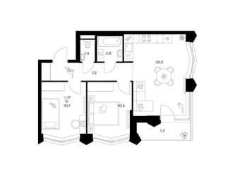 Планировка двухкомнатной(квартира) площадью 54.4 квадратных метров в ЖК “ЖК Матвеевский парк”