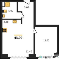 Планировка однокомнатной(квартира) площадью 43 квадратных метров в “ЖК АЛИА”
