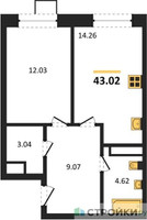 Планировка однокомнатной(квартира) площадью 43.02 квадратных метров в “ЖК Новотомилино”