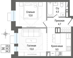 Планировка двухкомнатной(квартира) площадью 44.3 квадратных метров в “ЖК КИНОКВАРТАЛ”