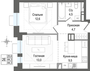 Планировка двухкомнатной(квартира) площадью 44.3 квадратных метров в ЖК “ЖК КИНОКВАРТАЛ”