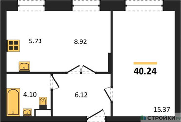 Планировка однокомнатной(апартаменты) площадью 40.24 квадратных метров в ЖК “ЖК Движение. Говорово”