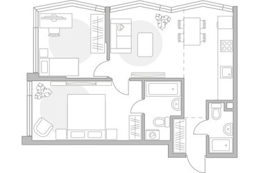 Планировка трехкомнатной(квартира) площадью 65.2 квадратных метров в ЖК “ЖК Мневники от Гранель”