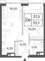 Планировка двухкомнатной(квартира) площадью 55.1 квадратных метров в “ЖК Will Towers (Вилл Тауэрс)”
