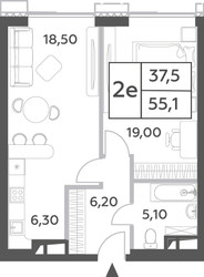 Планировка двухкомнатной(квартира) площадью 55.1 квадратных метров в ЖК “ЖК Will Towers (Вилл Тауэрс)”