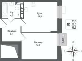 Планировка однокомнатной(квартира) площадью 38.5 квадратных метров в “ЖК КИНОКВАРТАЛ”
