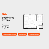 Планировка двухкомнатной(квартира) площадью 51.3 квадратных метров в “ЖК Восточное Бутово”