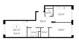 Планировка двухкомнатной(квартира) площадью 60.1 квадратных метров в “ЖК Переделкино Ближнее”