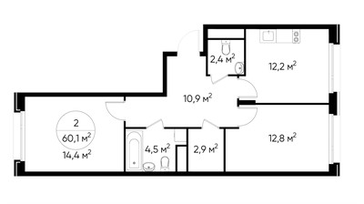 Планировка двухкомнатной(квартира) площадью 60.1 квадратных метров в ЖК “ЖК Переделкино Ближнее”