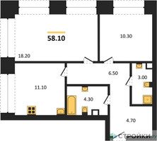 Планировка двухкомнатной(квартира) площадью 58.1 квадратных метров в “ЖК Архитектурный проект RAKURS (Ракурс)”