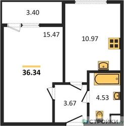 Планировка однокомнатной(квартира) площадью 36.34 квадратных метров в ЖК “Жилые кварталы Новое Пушкино”