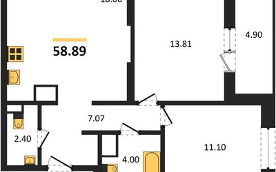 Планировка двухкомнатной(квартира) площадью 58.89 квадратных метров в ЖК “ЖК Светлый мир Станция Л”