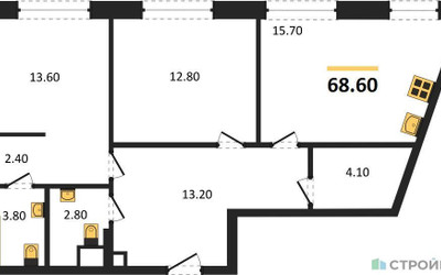 Планировка двухкомнатной(квартира) площадью 68.6 квадратных метров в ЖК “ЖК Voxhall (Воксхолл)”
