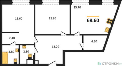 Планировка двухкомнатной(квартира) площадью 68.6 квадратных метров в “ЖК Voxhall (Воксхолл)”