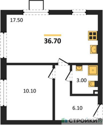 Планировка однокомнатной(квартира) площадью 36.7 квадратных метров в ЖК “ЖК Лучи-2”
