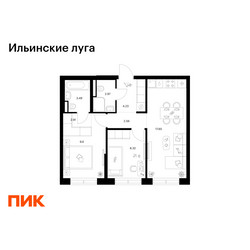 Планировка двухкомнатной(квартира) площадью 51.73 квадратных метров в ЖК “ЖК Ильинские луга”