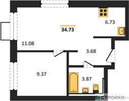 Планировка однокомнатной(квартира) площадью 34.73 квадратных метров в “ЖК Пригород Лесное”