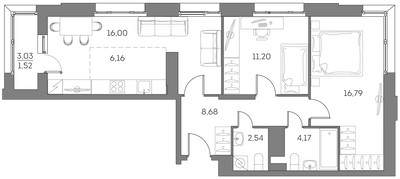 Планировка трехкомнатной(квартира) площадью 67.1 квадратных метров в ЖК “ЖК Аквилон Beside 2.0”