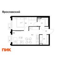 Планировка однокомнатной(квартира) площадью 37.5 квадратных метров в “ЖК Ярославский”