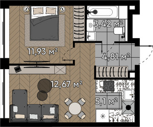Планировка однокомнатной(квартира) площадью 37.9 квадратных метров в ЖК “ЖК Квартал Серебряный бор”