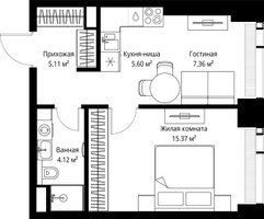 Планировка однокомнатной(квартира) площадью 37.56 квадратных метров в “ЖК Веер”