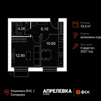 Планировка однокомнатной(квартира) площадью 33.6 квадратных метров в “Апрелевка Клаб”