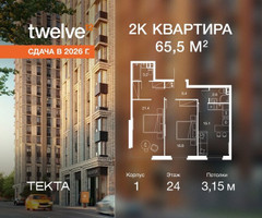 Планировка двухкомнатной(квартира) площадью 65.5 квадратных метров в “ЖК Твелв”