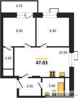 Планировка двухкомнатной(квартира) площадью 47.03 квадратных метров в “ЖК Радость (Радумля Парк)”