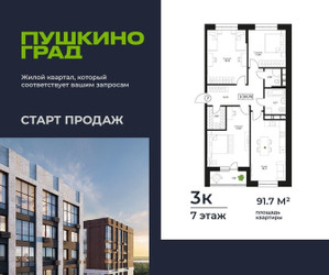 Планировка трехкомнатной(квартира) площадью 91.7 квадратных метров в ЖК “ЖК Пушкино Град”