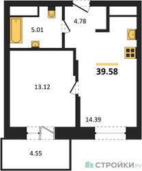 Планировка однокомнатной(квартира) площадью 39.58 квадратных метров в ЖК “ЖК ВОСТОК II”