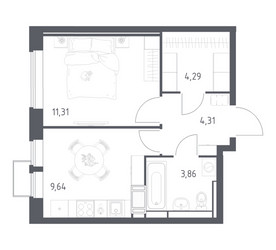 Планировка однокомнатной(квартира) площадью 33.41 квадратных метров в ЖК “ЖК Большое Путилково”