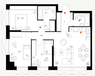 Планировка трехкомнатной(квартира) площадью 76.9 квадратных метров в ЖК “ЖК Плеханова 11”