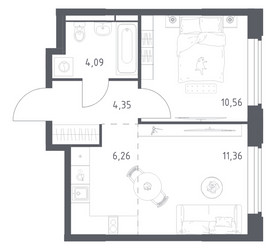 Планировка однокомнатной(квартира) площадью 36.62 квадратных метров в ЖК “ЖК Космический Квартал”