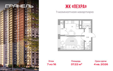 Планировка однокомнатной(квартира) площадью 37.22 квадратных метров в ЖК “ЖК Пехра”